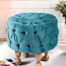 Ikiriya Turquoise Blue Wooden Cotton Round Ottoman-11