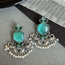 NAMAN ARTS Silver-Plated Stones Studded & Beaded Peacock Shaped Oxidized Drop Earrings-21