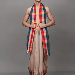 Exotic India Men Pure Cotton Dhoti and Angavastram Set with Woven Temple Border-image-30