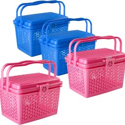 Plastic Pack of 4 Multipurpose Small Storage Box with Lid & Handle | Pink & Blue Storage Basket-12
