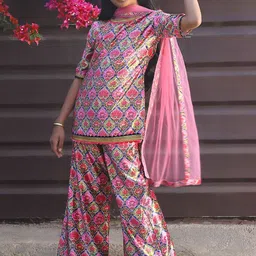 Aks Kids Girls Floral Printed Regular Gotta Patti Velvet Kurta with Palazzos & With Dupatta-image-9