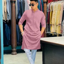 Men Embroidered Straight Kurta (Pink)-image-53