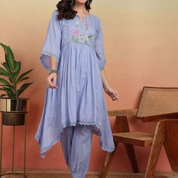 Sangria Floral Embroidered Notch-Neck Thread Work A-Line Kurta With Patiala-37
