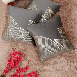 Myntra Elegant Homes Grey & Gold-Toned 3 Pieces Abstract Velvet Square Cushion Covers-image-32
