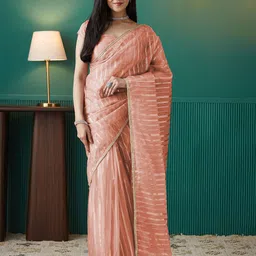 RACHNA Women Striped Embroidered Organza Designer Saree-picture-21