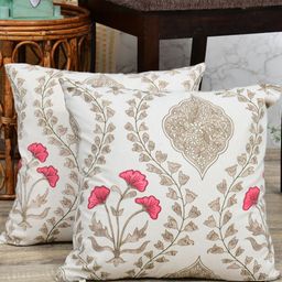 Clasiko White & Cream-Coloured Set of 2 Floral Square Cushion Covers-0