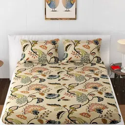 Myntra Elegant Homes Cream-Coloured Printed 300 TC King Fitted Bedsheet Set 1.82m x 1.98m-image-77