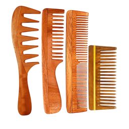 RUFIYS Set Of 4 Curly Hair Detangler Wide Tooth Neem Wooden Comb - Brown-0