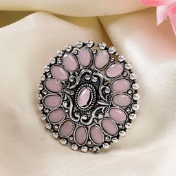 Sangria Silver-Plated Stone-Studded Circular Adjustable Finger Ring-picture-9