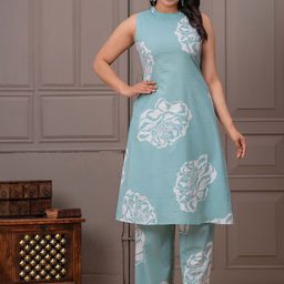 BAESD Women Floral Printed Regular Pure Cotton Kurta with Trousers-image-12