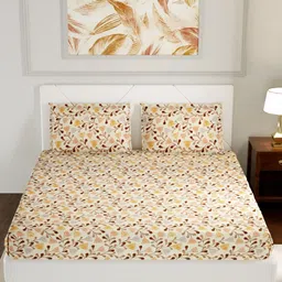 Myntra Elegant Homes Cream-Coloured & Brown Floral 210 TC King Bedsheet with 2 Pillow Covers-image-38