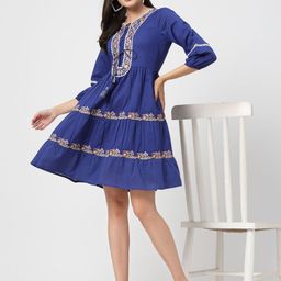 COSMIC TRIO Floral Embroidered Tie-Up Neck Cotton Cambric Fit and Flare Dress-image-12