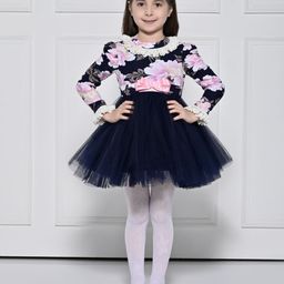 THE PONY & PEONY CO. Girls Cotton Navy Blue Rose Floral Print Fit & Flare Dress-image-12