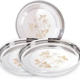 Mirror Finish Stainless Steel 22 Gauge Lily flower Lazer Design bhojan thali 28.5 cm Dia (11.5" Diameter + 2" Side corner)-P 3 Dinner Plate (3 Dinner Plate) Dinner Plate-9