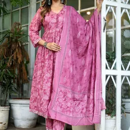Angkor Women Floral Printed Empire Thread Work Pure Cotton Kurta with Trousers & With Dupatta-picture-17