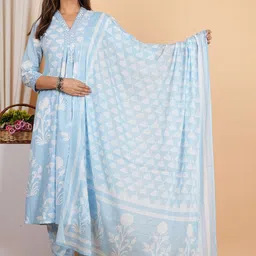 YASH GALLERY Floral Printed V-Neck Regular Kurta With Trouser With Dupatta image 1