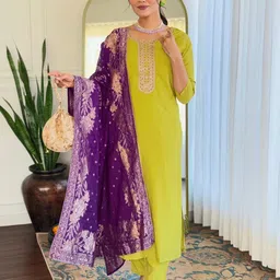 SHOPONBIT Floral Yoke Design Round Neck Sequinned Straight Kurta With Trousers & Dupatta-picture-10