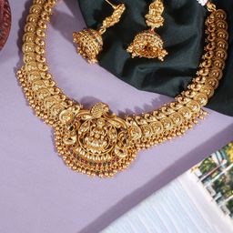 JANAVI Gold-Plated Artificial Stone-Studded And Beaded Temple Jewellery Set-34