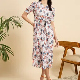 Mast & Harbour Women Floral Printed V-Neck Puff Sleeve Fit And Flare Midi Dress-picture-5