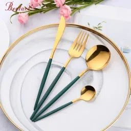 Premium Gold Dinnerware Set Includes Dinner Knife/Fork/Spoon With Green Handle Stainless Steel Cutlery Set-10