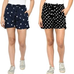 Pack of 2 Polka Print, Geometric Print Women Blue, Black Regular Shorts-image-5