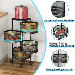 4 Layer Kitchen Round Rotatin Portable Storage Rack for Fruits & Vegetable. Plastic, Carbon Steel Kitchen Trolley-image-53