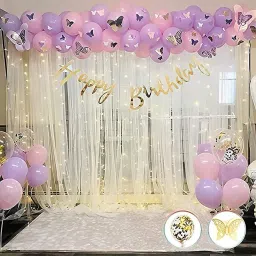 Solid Butterfly Theme Purple Birthday Decoration item kit combo Led White Net Curtain Balloon-39
