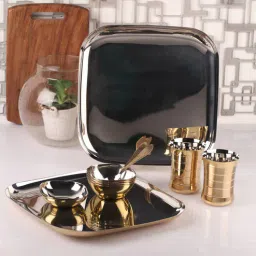 Silver Stainless Steel 12-Piece Brass-Bottom Dinner Set by Dynore-picture-9