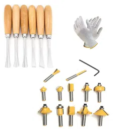 12PCS 6.35 MM ROUTER BITS SET CARBIDE WOODWORKING CUTTERS ROTARY TOOL KIT 6PCS WOOD CARVING CHISEL WOOD CARVING TOOL 1 PAIR HAND GOLVES-19