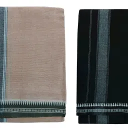 Prakasam Cotton Premium quality Mens Kerala Style Thalapathi Border Single (1.28X2.00 mtrs) -Dhoti-kerala Single mundu (Pack of 2 dhoties)- Black:Beige Men Dhoti-image-70