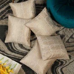 hosta homes Cream Velvet Geometric 16X16 Inches Cushion Covers (Pack of 5)-picture-2