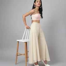 Women Regular Fit Cream Georgette Trousers-image-0
