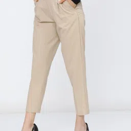 Women Tapered Beige Cotton Blend Trousers-image-59