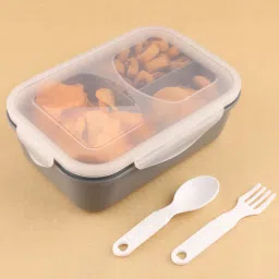 3 Section Lunch Box with Spoon & Fork with Air Tight Lid (Grey) 1 Containers Lunch Box-4