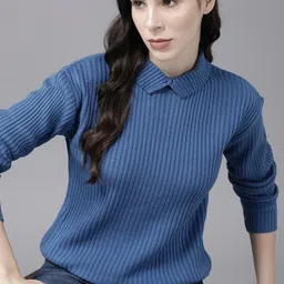 roadster Women Paisley Turtle Neck Blue Sweater-picture-47