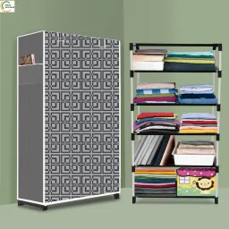 5 Shelf Foldable Collapsible Wardrobe Storage Organizer Almirah Cloth Rack PP Collapsible Wardrobe-image-87