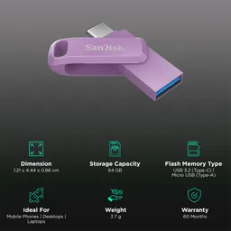 SanDisk Go 64GB USB Type C to USB Type A OTG Pen Drive (Protective Swivel Design, SDDDC3-064G-I46LPD, Lavender) image 3