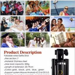 POZUB 2in1 Wired & Bluetooth Selfie Stick Universal Mobile Holder Cable Selfie Stick Tripod, Monopod, Monopod Kit, Tripod Ball Head, Tripod Bracket, Tripod Clamp, Tripod Kit image 5