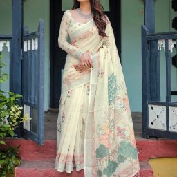 Graphic Print, Printed Kalamkari Cotton Linen Saree-picture-5