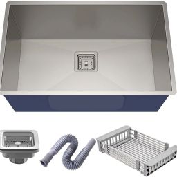 (24X18X10 Inch, Silver) Stainless Steel Kitchen Sink Handmade Single Bowl Sink Satin/MATT Finish with Coupling and Fruit Basket Vessel Sink-image-96