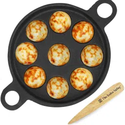 Pre-Seasoned Cast Iron Paniyaram/Paddu Pan with Free Wooden Picker|9 Pit Paniarakkal Set 0 L capacity 20.8 cm diameter-image-81