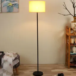 pristine interiors Inverted Yellow Cotton Shade Club Floor Lamp With MDF Base-picture-10