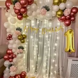 Girls 1st First Happy Birthday Decoration kit 69 Pc With Net Curtain & Led Light-7