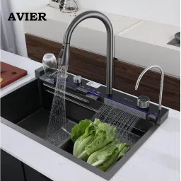 Digital kitchen sink multifunction sink, 30X18X9 waterfall sink all in one Display, Kitchen Sink with Waterfall and Pull-down Faucets Vessel Sink-image-42