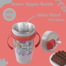 nabhya Multi Cartoon Design Sipper Bottle For Kids With Straw & Side Handle , 360ML image 3