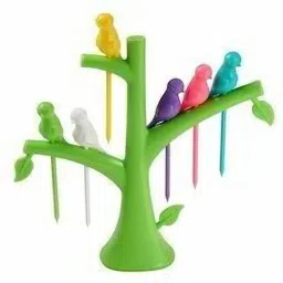 Bird-Shaped Fruit Fork , 1 Set , 6 Pieces with Decorative Tree Stand Plastic Fruit Fork-16