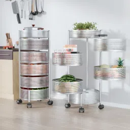 Pack of 2 Kitchen 5+1 Layer Metal Storage Rack with Wheels | Round Shape -Silver Iron Kitchen Trolley-73