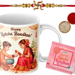Rakhi with mug _ _KQ158 Assorted Rakhi, Mug, Greeting Card, Chawal Roli Pack Set-6