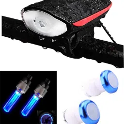 Rechargeable Cycle Head Light with Horn Handle Grip Light Tyre Valve Light LED Front Rear Light Combo-image-0