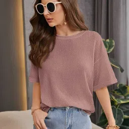 Women Self Design Round Neck Wool Blend Pink T-Shirt-image-84